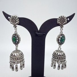 Oxidized Silver Earnings with Green Colour Stones